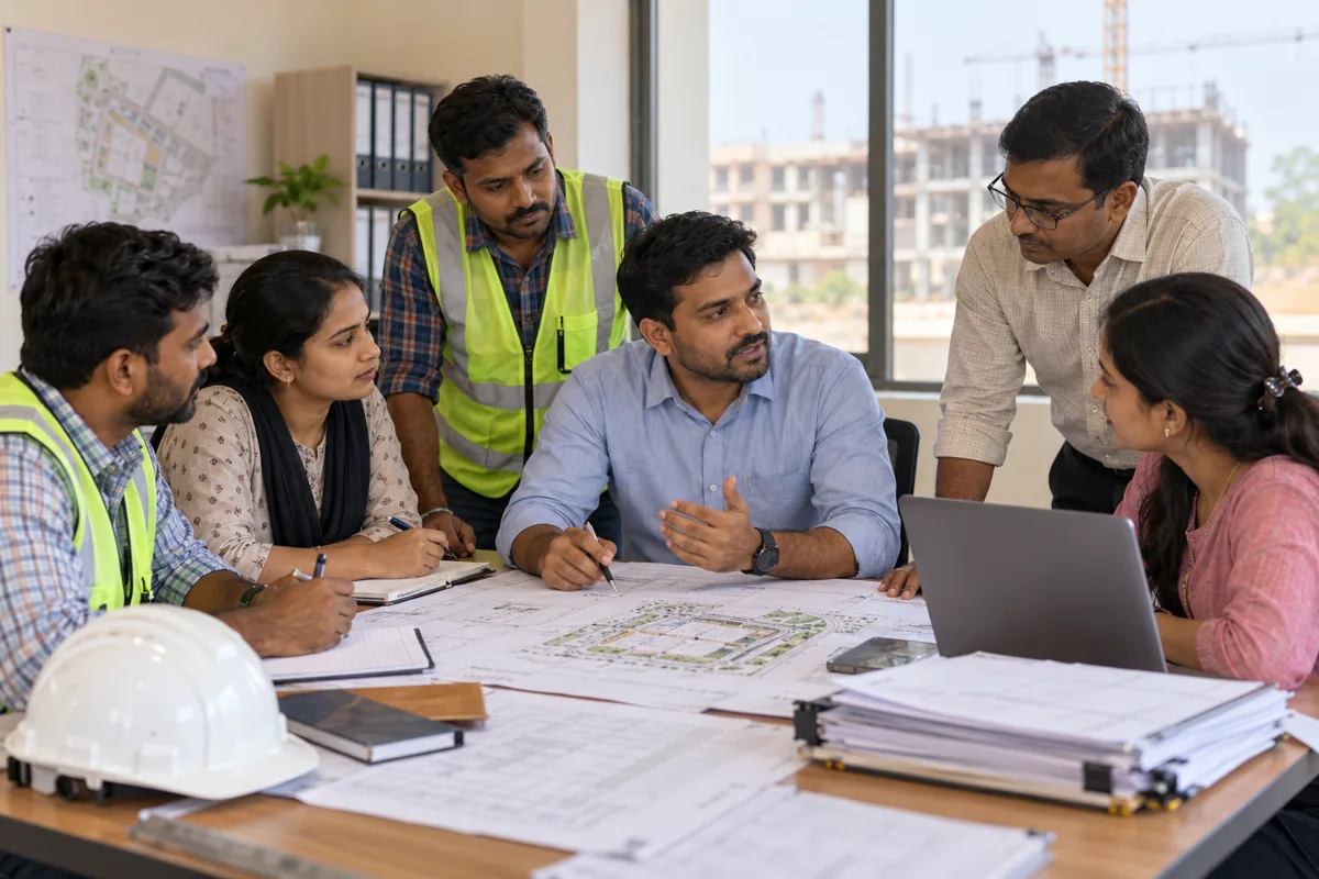 Project incharge coordinating office and site teams · AI-generated role illustration.