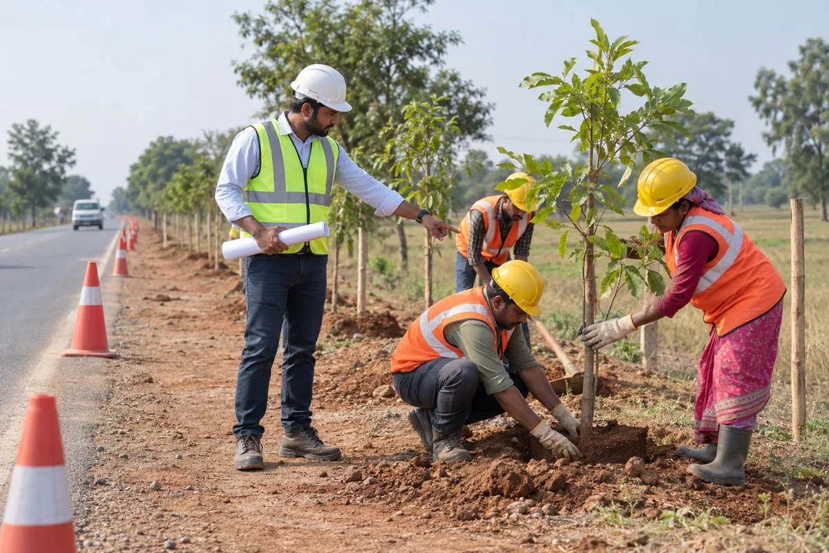 Engineer directing roadside plantation work · AI-generated role illustration.